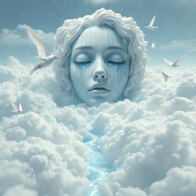 The primary subject of the image is a woman with a tear on her face, surrounded by clouds and birds. The setting is a cloudy sky, and the visual style appears to be a digital art or illustration. The dominant colors are blue and white, creating a serene and dreamy atmosphere.